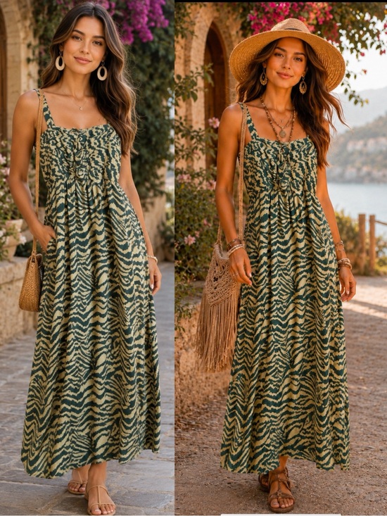 Soft Surroundings Dresses & Skirts - SOFT SURROUNDINGS
TAN/GREEN ANIMAL PRINT MAXI DRESS ZEBRA PLEATED TIERED